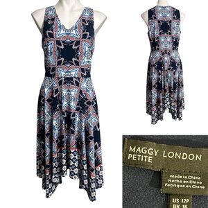 Maggy London dress sz 12p Navy blue multicolor sleeveless handkerchief hem